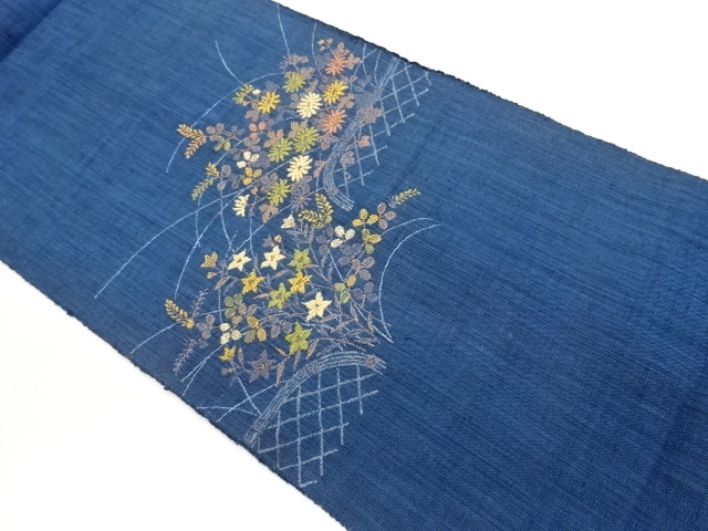 Nagoya obi, hand-woven SILK pongee with Koetsugaki and autumn grass pattern